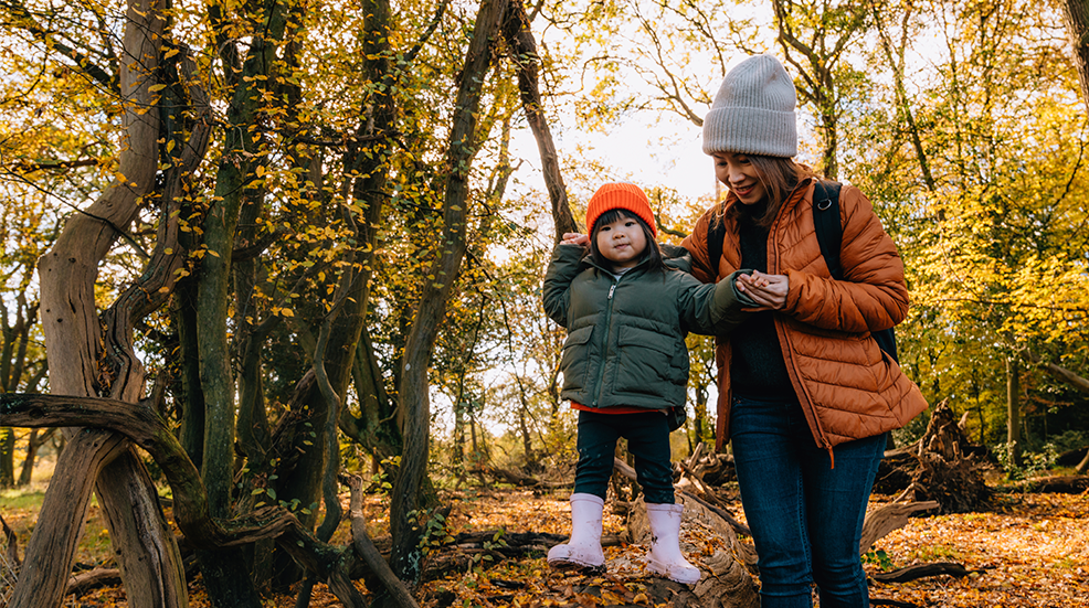 Young Asian mother assisting her toddler girl walking on tree trunk while exploring forest